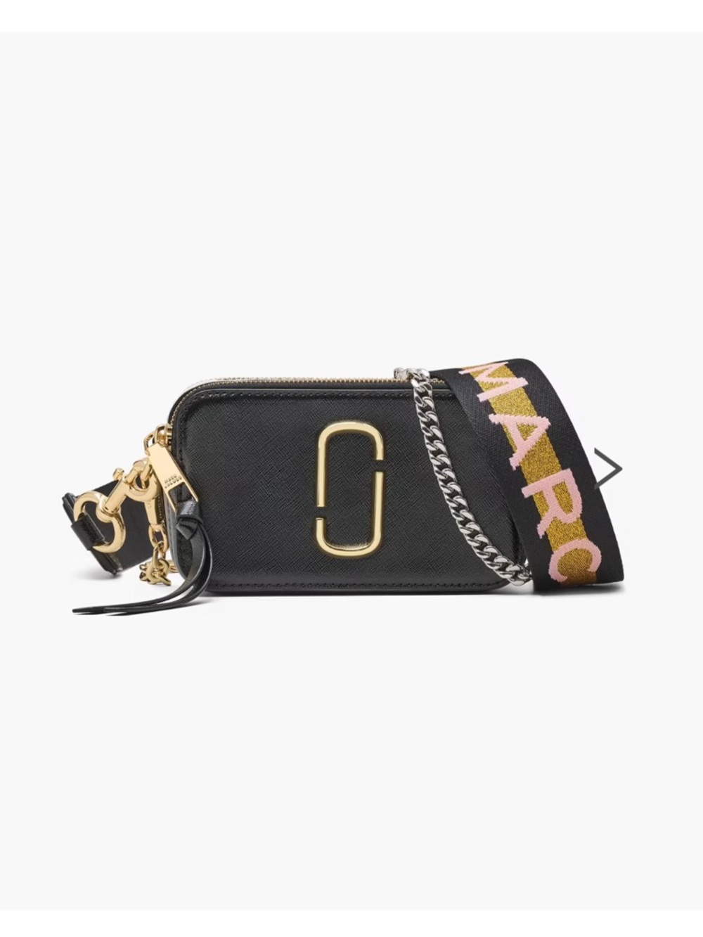 Marc Jacobs Black Leather snapshot Crossbody Camera Bag with Pink Logo Strap
